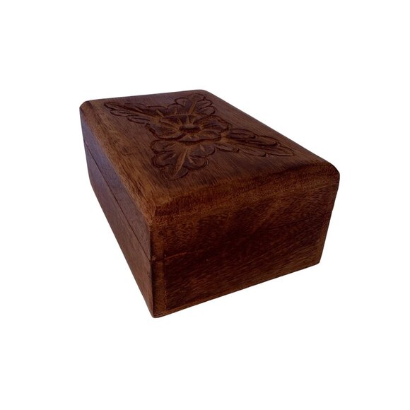 Vintage Hand Carved Floral Wooden Box Small Jewelry Keepsake Chest Home Décor - Picture 5 of 7